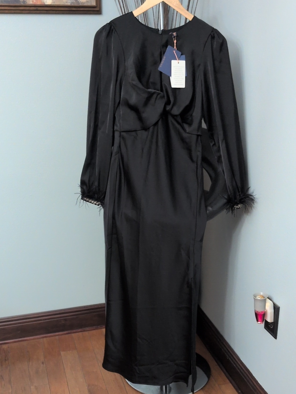 Skies Are Blue Black Long Sleeve Satin Gown with Feather & Beaded Cuffs
